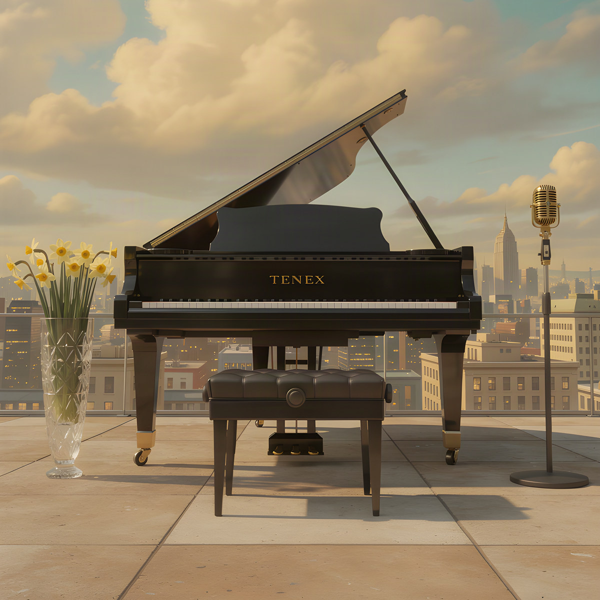 Back in the O album cover, a black grand piano, a gold microphone and daffodils on a rooftop at golden hour.