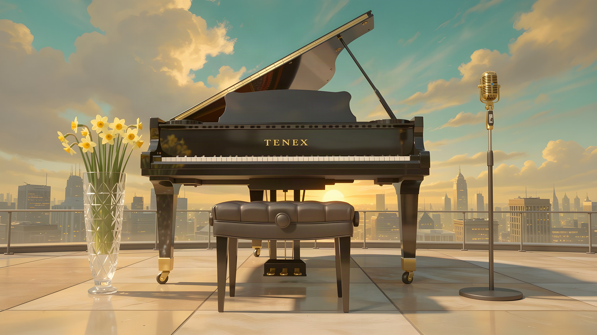 Painted hyperrealist scene of a black concert grand piano on a rooftop terrace at golden hour, a gold microphone on a stand to its right and a crystal vase of daffodils to its left, a city skyline glowing beyond.